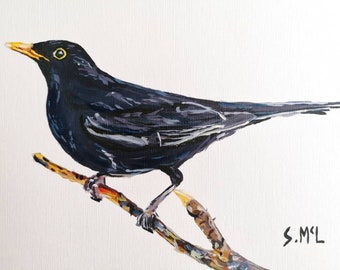 Original Blackbird Acrylic Painting: Signed Wildlife Art, Framed Print