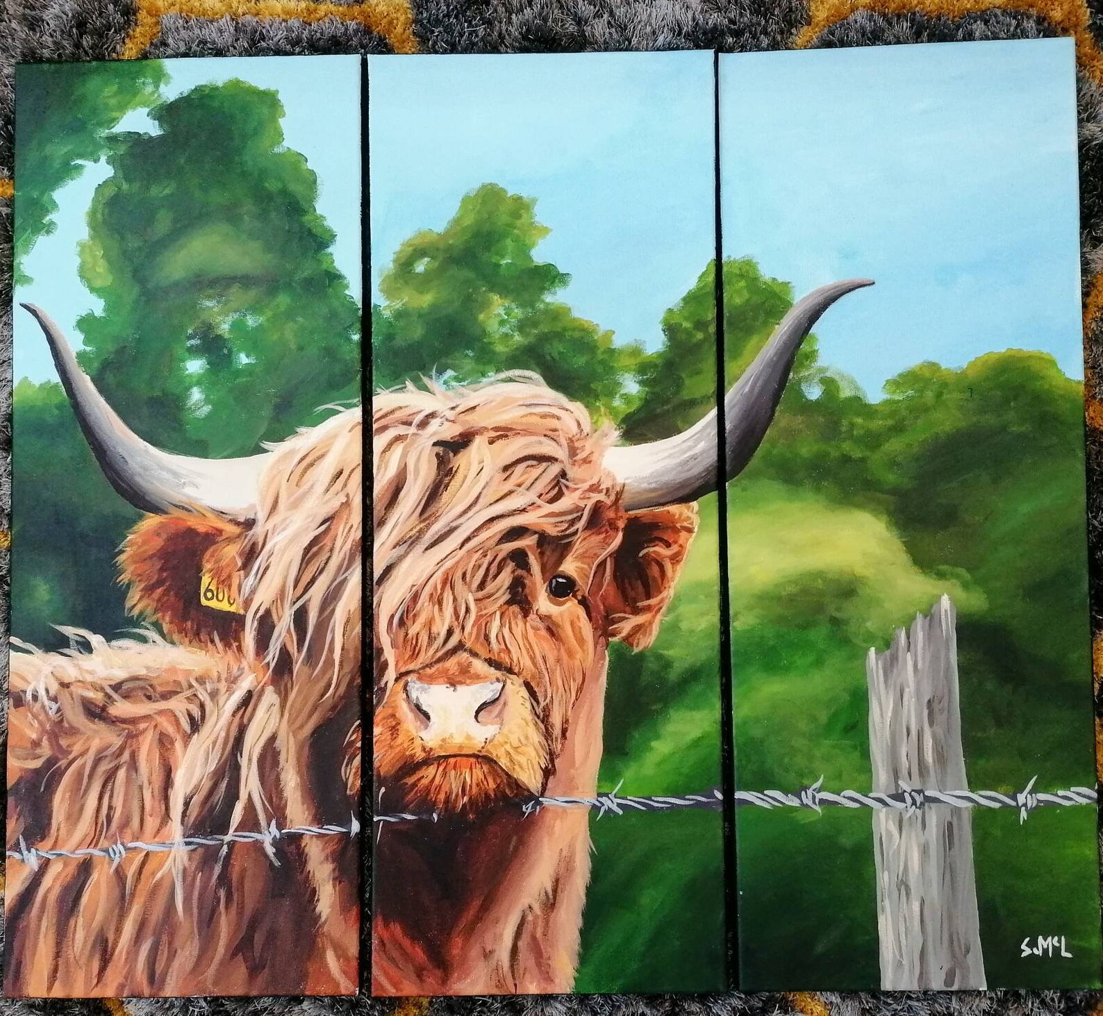 Highland Cow Acrylic Painting. Trio. Original. Beautiful Highland Cow