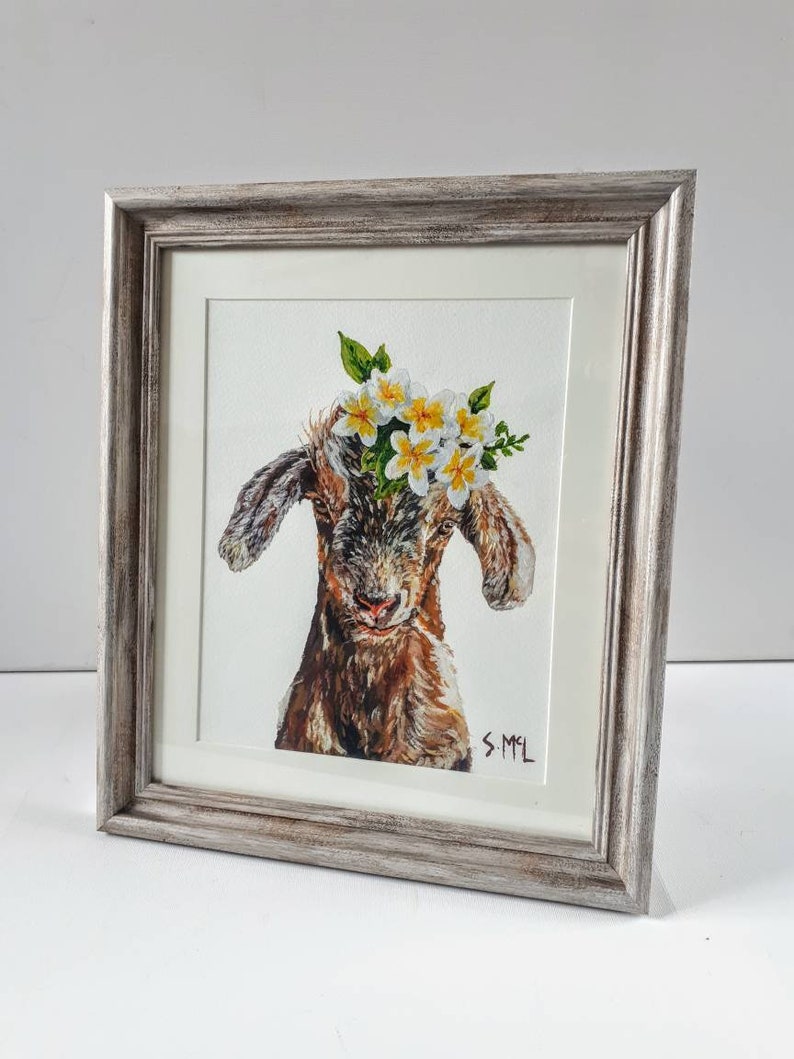 Floral goat painting. Kid painting. Goat print. Goat. Woodland nursery decor. Country style. Vintage. Farm House. Signed. Baby goat lover image 6