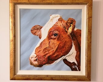 Framed Fleckvieh Cow Painting: Original Acrylic Farm Art