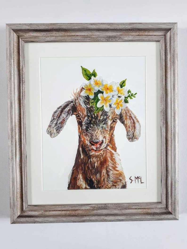 Floral goat painting. Kid painting. Goat print. Goat. Woodland nursery decor. Country style. Vintage. Farm House. Signed. Baby goat lover image 1