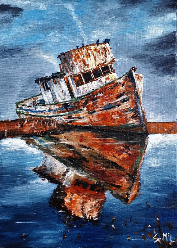 Boat Painting. Vintage. Ship Painting. Fisherman Art. Shipwreck