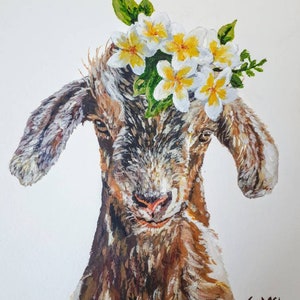 Floral goat painting. Kid painting. Goat print. Goat. Woodland nursery decor. Country style. Vintage. Farm House. Signed. Baby goat lover image 2