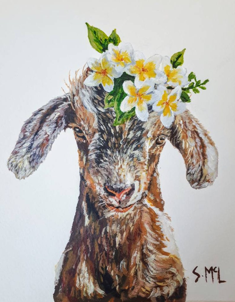 Floral goat painting. Kid painting. Goat print. Goat. Woodland nursery decor. Country style. Vintage. Farm House. Signed. Baby goat lover image 2