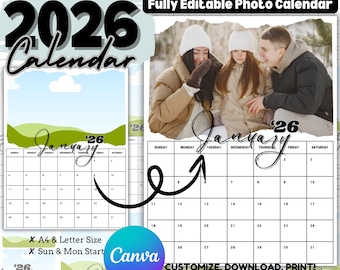 2026 Editable Photo Calendar Template | Fully Editable, Printable | Edit for Free in Canva | Custom Family Photo Calendar | Instant Download