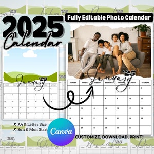 2025 Editable Photo Calendar Template | Fully Editable, Printable | Edit for Free in Canva | Custom Family Photo Calendar | Instant Download