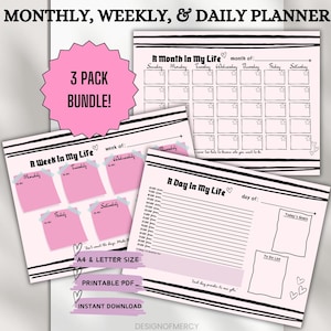 Printable Planner Set Stylish Pink | Monthly, Weekly, & Daily Planner Bundle | PDF Instant Download | A4 US Letter | Blank Calendar Template
