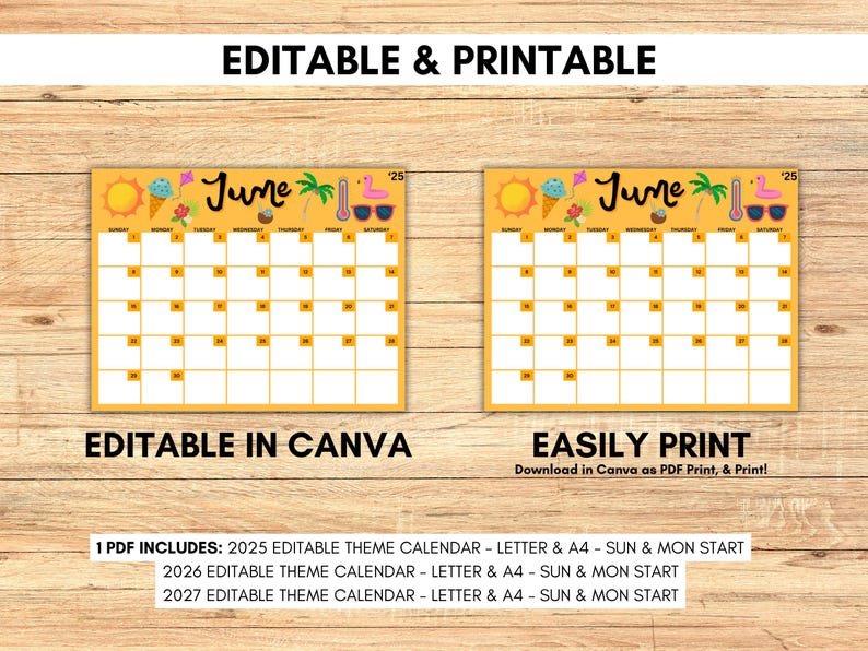 2025 Editable Themed Calendar 2025 2026 2027 Printable Calendar Kids