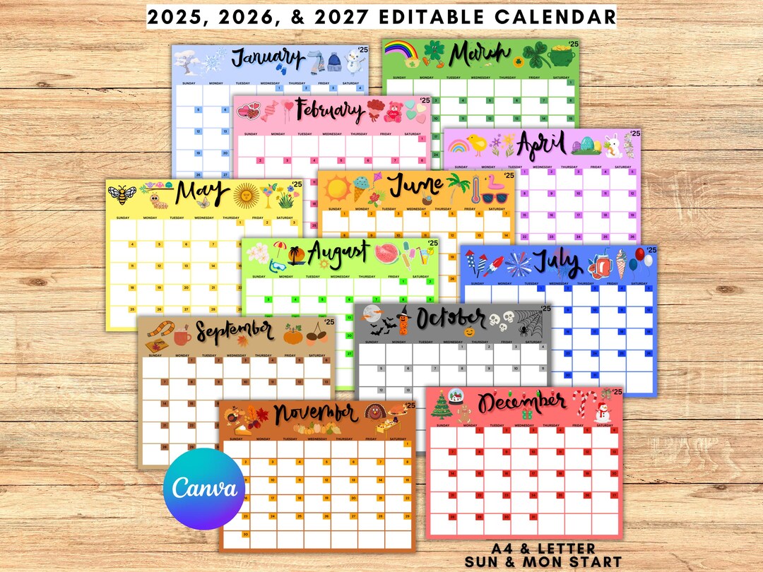 2025 Editable Themed Calendar 2025 2026 2027 Printable Calendar Kids Monthly Planner