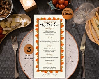 Può includere: Menu del Ringraziamento con antipasti, antipasti, contorni, dessert e bevande. Il menu è decorato con foglie arancioni e gialle. Il testo "MADE IN Canva" si trova in alto a destra. Il menu è su un piatto bianco.