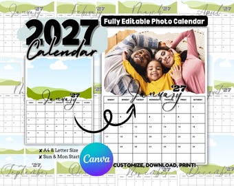 2027 Editable Photo Calendar Template | Fully Editable, Printable | Edit for Free in Canva | Custom Family Photo Calendar | Instant Download