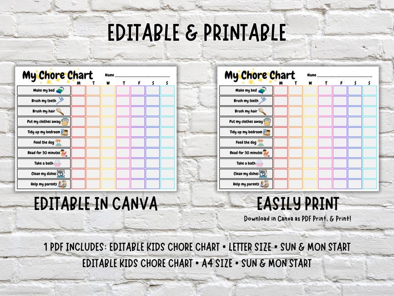 Editable Kids Chore Chart Template | Daily Responsibility Checklist for ...