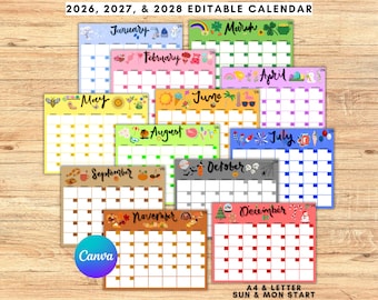 May include: A set of colourful monthly calendars for 2026, 2027, and 2028. Each month has a unique design with seasonal illustrations and the month's name. The calendars are A4 and Letter size, with a Sunday and Monday start.