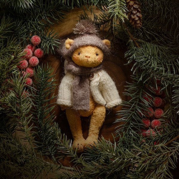 Artist Teddy Bear, Cottage Christmas bear gift, OOAK artist doll, stuffed animal, plush bear, cottage core home decor, collectible bear toy