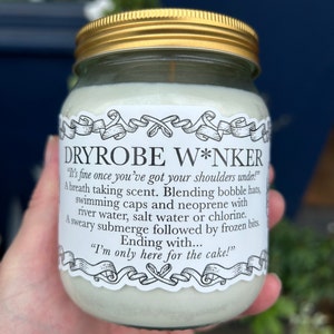 May include: A glass jar candle with a gold lid. The label reads "DRYROBE W*NKER" with humorous text about scents. The candle has a light green wax and is held by a hand.