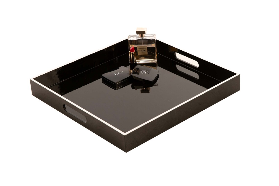 Black High Gloss Square Lacquered Coffee Table Tray Ottoman Etsy
