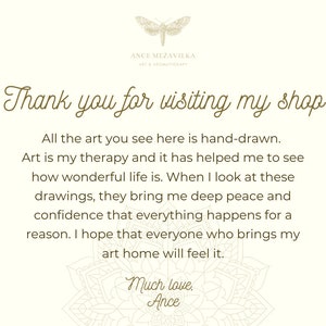 Pu&ograve; includere: Un messaggio scritto a mano che ringrazia i clienti per aver visitato il negozio. Il messaggio dice "Grazie per aver visitato il mio negozio!" e include una descrizione del lavoro dell'artista e del suo legame personale con esso. Il messaggio termina con "Tanto amore, Ance."