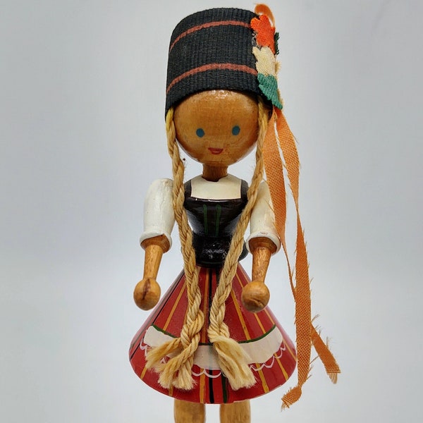 Vintage German or Polish Traditional Costume Folk Art Wooden Peg Doll Figurine