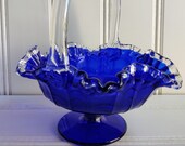Fenton Cobalt Blue Silvercrest Ruffle Edge Large Basket with Clear Handle