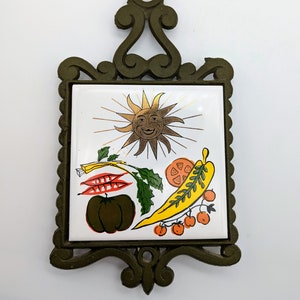 Vintage Enesco Sun and Vegetables Metal and Tile Trivet