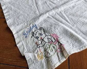 Vintage Embroidered Pixie Sweeping Friday Extra Large Tea Towel or Table Square