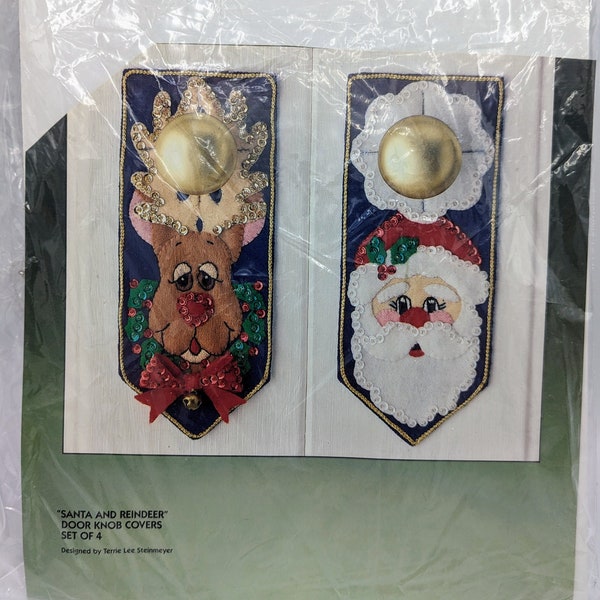 Vintage Bucilla Christmas Santa & Reindeer Felt Sequin Door Knob Covers Kit