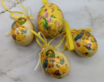 Vintage Paper Mache Decoupage Yellow Easter Egg Ornaments Set/4