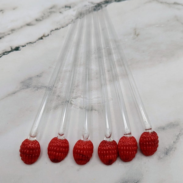 Vintage Strawberry Glass Drink Stirs Set/6 Swizzle Sticks
