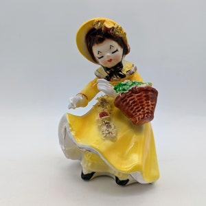 Vintage Yellow Dress Bloomer Girl with Spaghetti Trim and Basket Japan