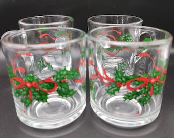 Set of 4 Four Christmas,Bourbon, Christmas Gorgeous “Tis The Season” White Holly & Berry Double Rocks Whiskey GLASSES by Anchor Hocking