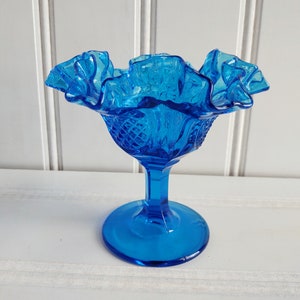 Vintage Blue Ruffled Glass Compote Diamond Point Candy Dish