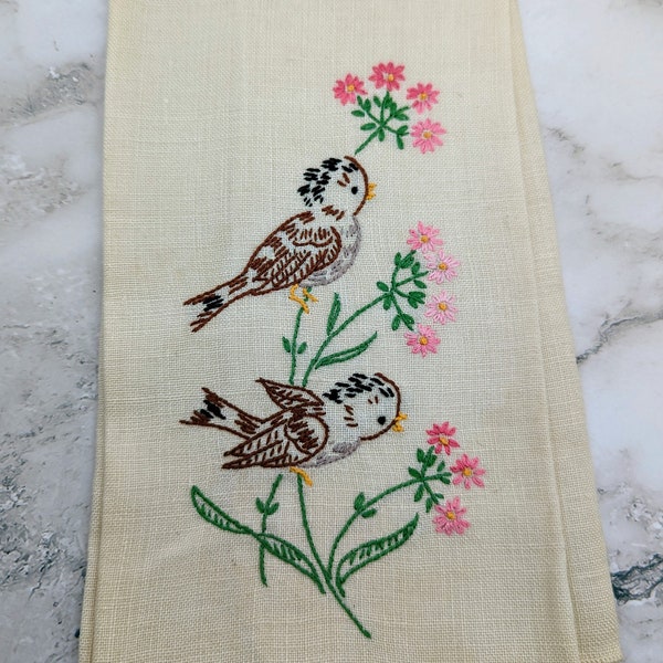 Vintage Hand Embroidered Birds with Pink Flowers Fingertip Towel