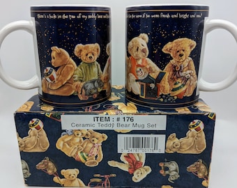 Vintage Set/2 Ceramic Teddy Bear with Toys Coffee Mugs