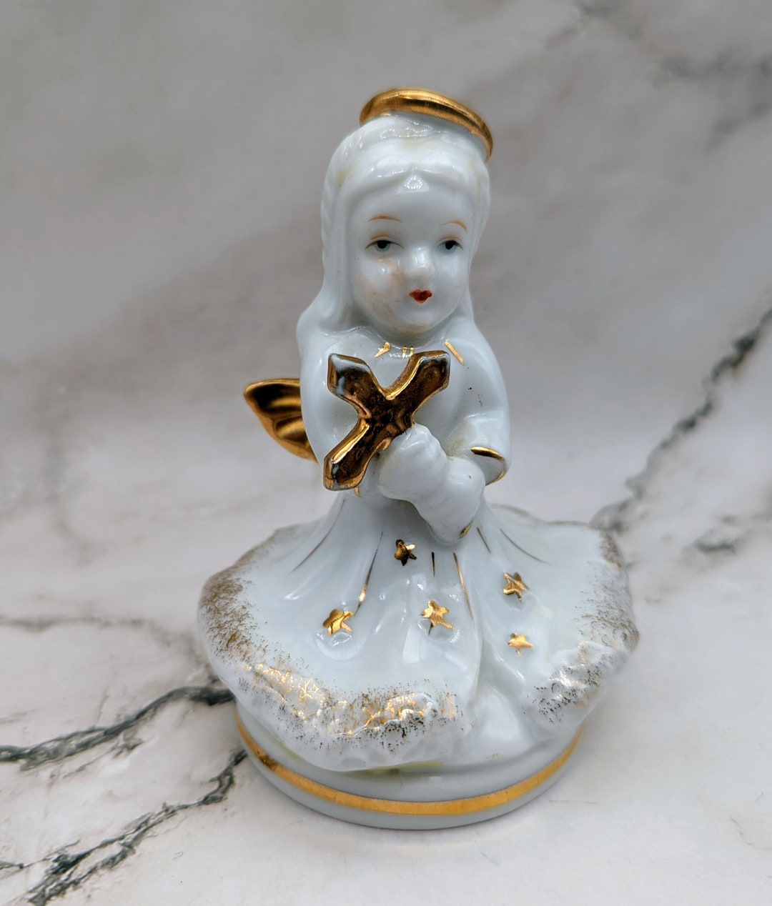 Vintage Gold and White Angel With Cross Figurine Japan - Etsy