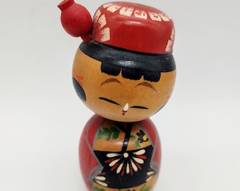 Vintage 4 Inch Nodding Kokeshi Doll in Red