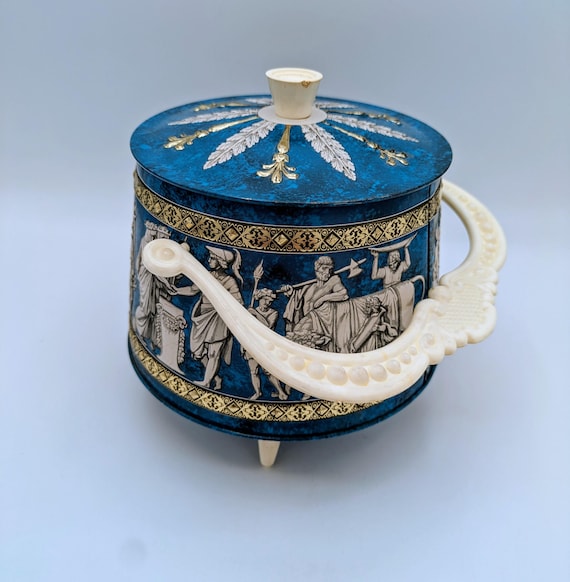 ヴィンテージギリシャデザイン 脚付きビスケット缶 蓋とハンドル付き