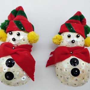 Vintage Set/2 Sequin and Bead Snowman Christmas Ornaments