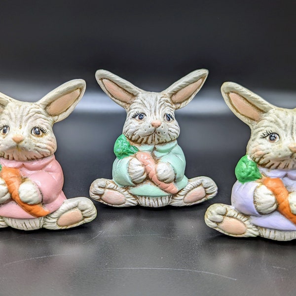 Vintage Hobbyist Hand Painted Set/3 Ceramic Bunnies with Carrots