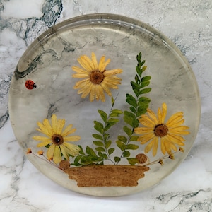 Vintage Gelb Daisy und Marienkäfer Lucite Topfuntersetzer von Gamut Designs