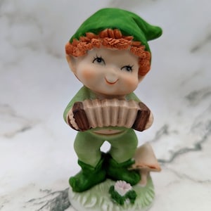 Vintage Enesco St Patrick&#39;s Day Elf Musician with Mushroom Pixie Figurine 1981