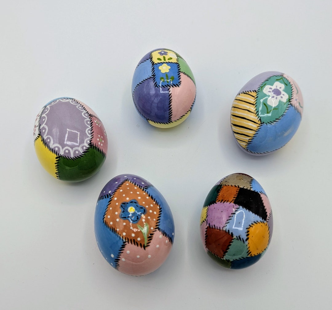 Vintage Hobbyist Hand Painted Ceramic Patchwork Design Easter Eggs Set