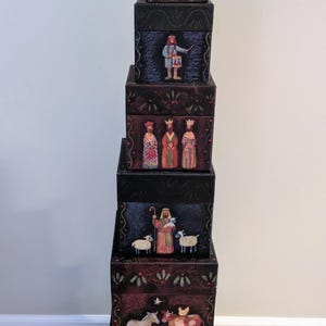 Bob's Boxes Krippenset in primitiven Farben/7 Weihnachtsschachteln