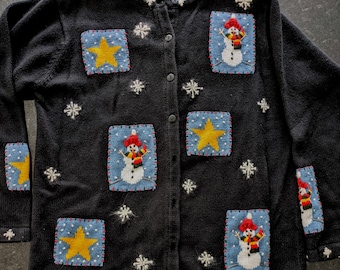 Vintage Quacker Factory Damen Weihnachten Schneemann Strickjacke Pullover Med