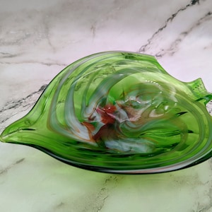 Vintage Hand Blown Green Swirl Art Glass Ashtray, Trinket Dish
