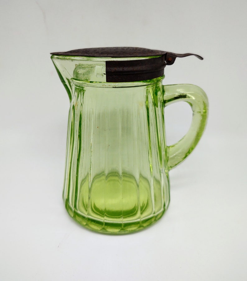 Vintage Green Depression Vaseline Glass Syrup Honey Pitcher Etsy