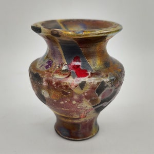 Raku Art Pottery Metallic Glaze Small Bud Vase Signed