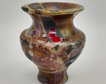 Raku Art Pottery Metallic Glaze Small Bud Vase Signed