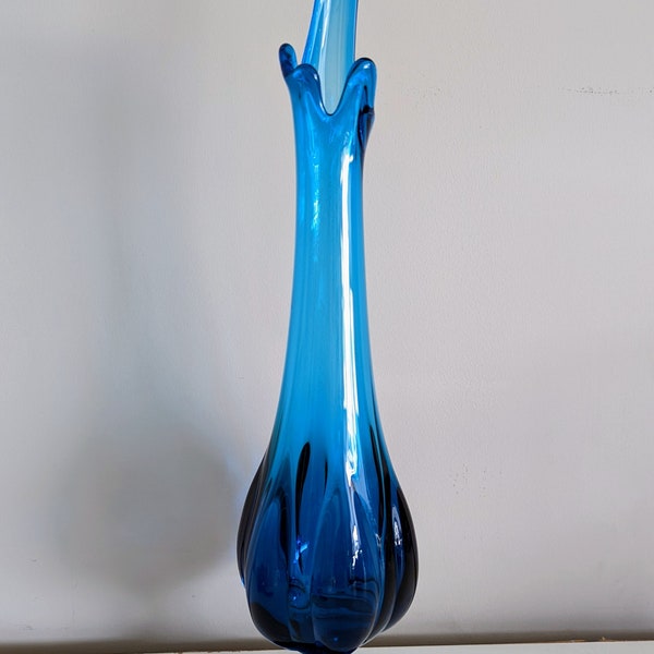 Viking Blue 19" Six Petal Swung Vase Mid Century Modern Art Glass Vase