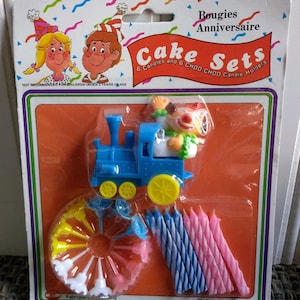 Vintage Train Birthday Cake Decoration Candles and Holders in Original Package