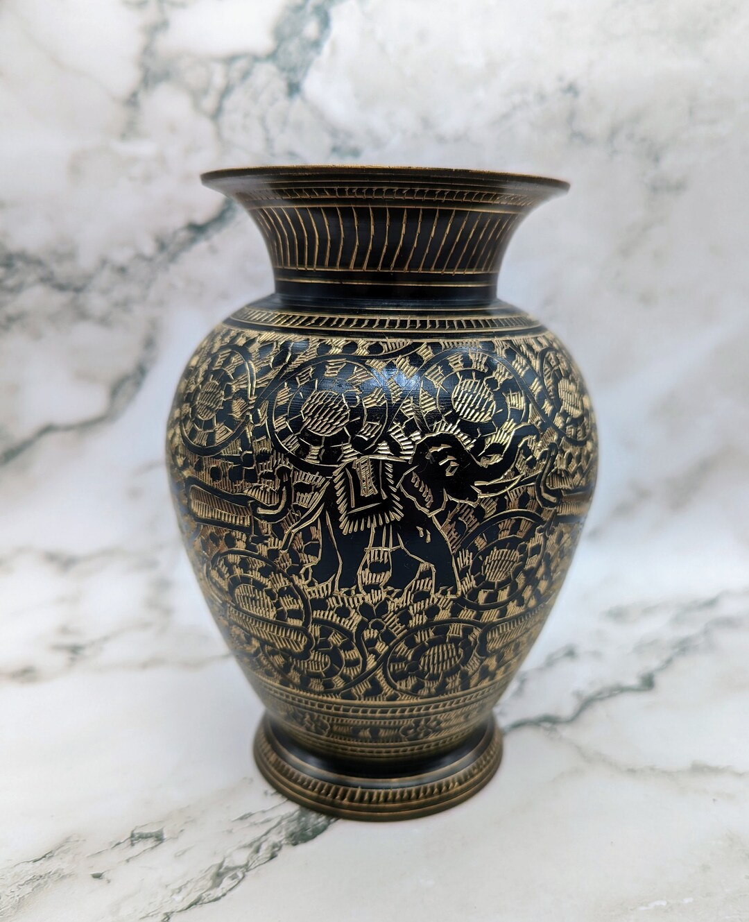 Vintage Brass and Black Vase With Elephants and Peacocks Etsy